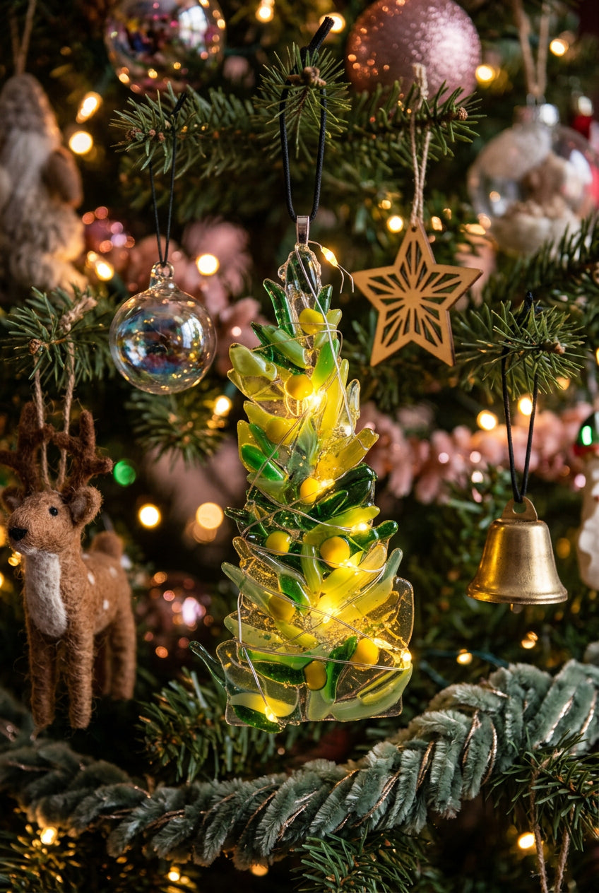 Lime green and gold Christmas tree with lights ornament
