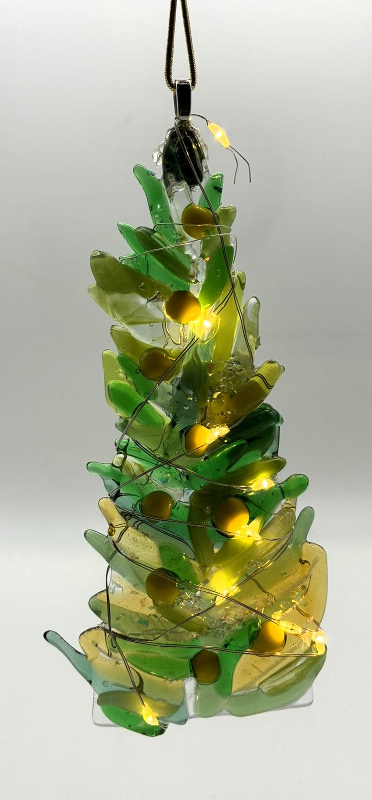 Lime green and gold Christmas tree with lights ornament