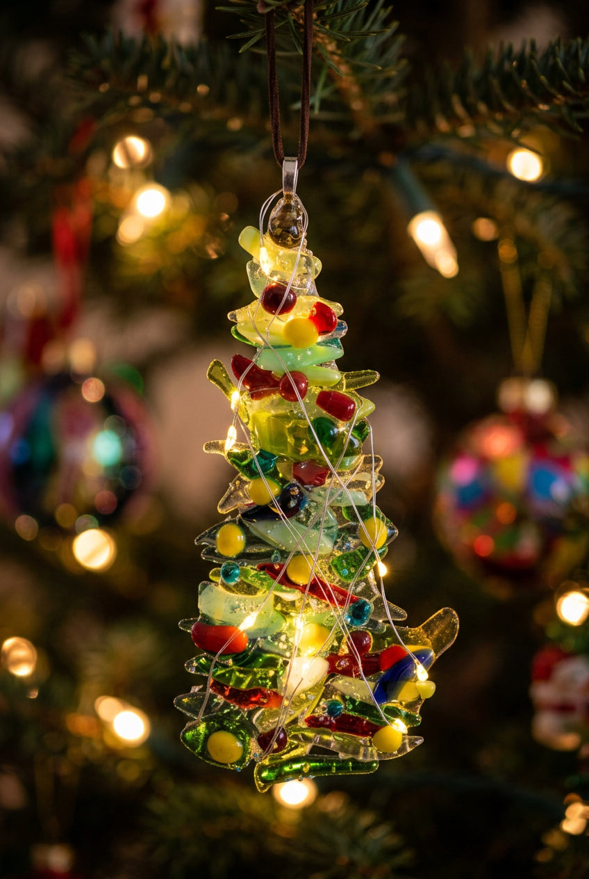 Mixed green and gold Christmas tree with red and yellow balls and lights ornament