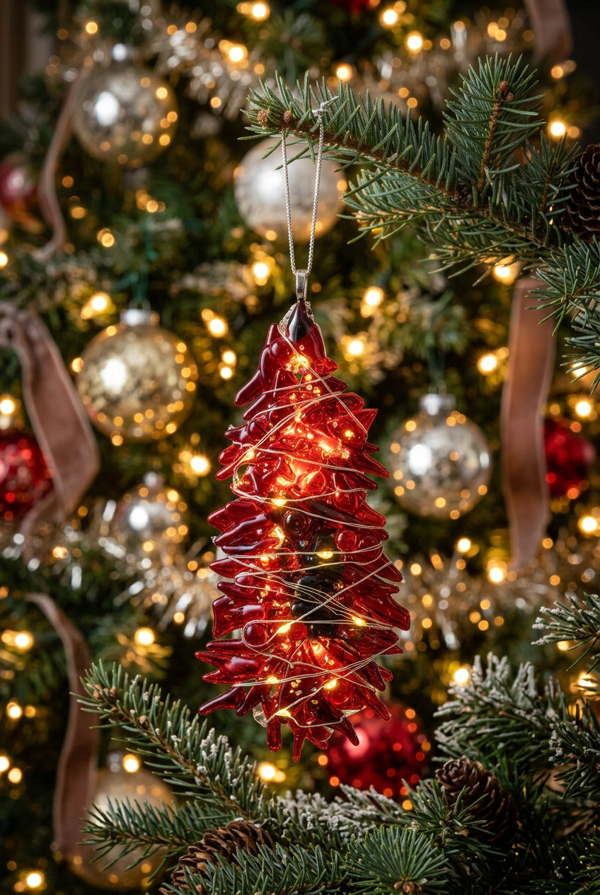 Red Christmas tree with clear balls with lights ornament