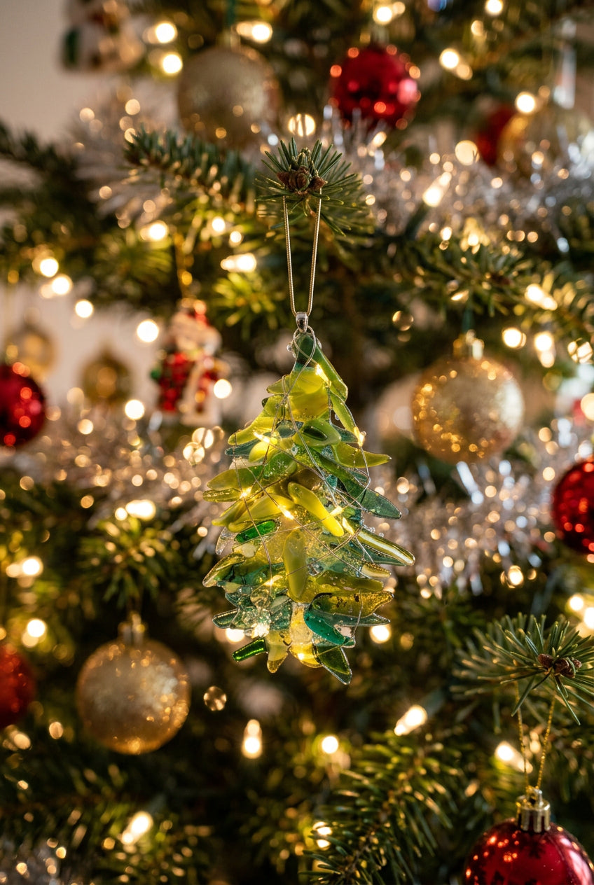 Lime green and gold Christmas tree with lights ornament