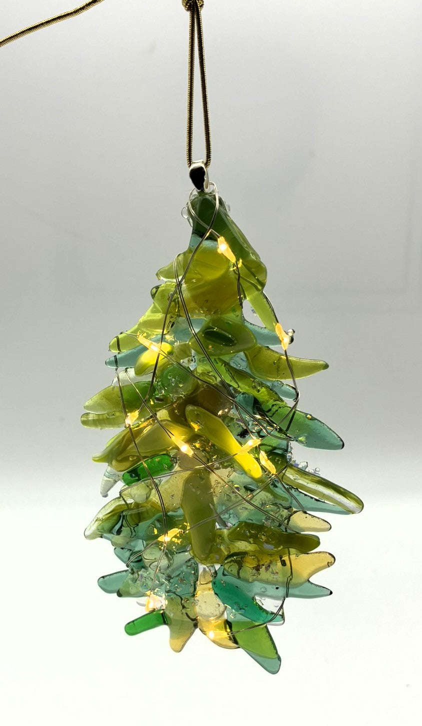 Lime green and gold Christmas tree with lights ornament