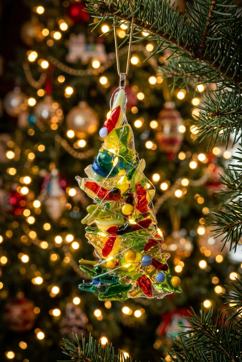 Mixed green, gold and red Christmas tree with mixed balls and lights ornament