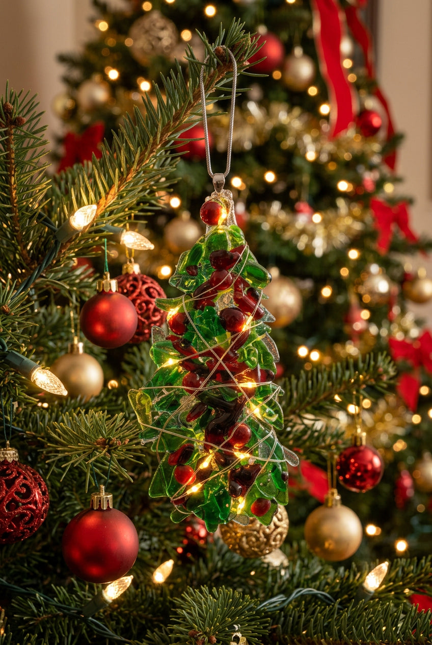 Mixed green Christmas tree with red balls and lights ornament