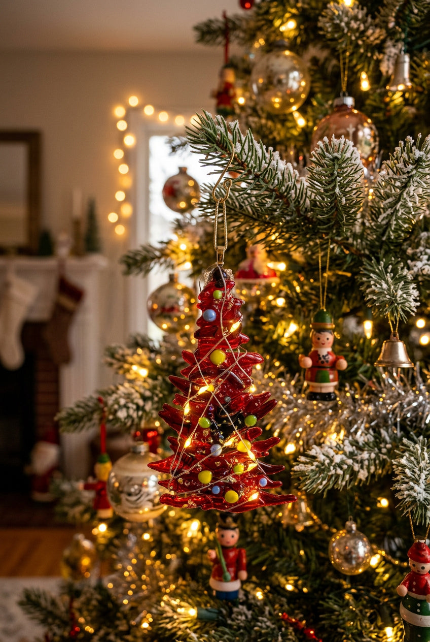 Red Christmas tree with green, yellow and blue balls with lights ornament
