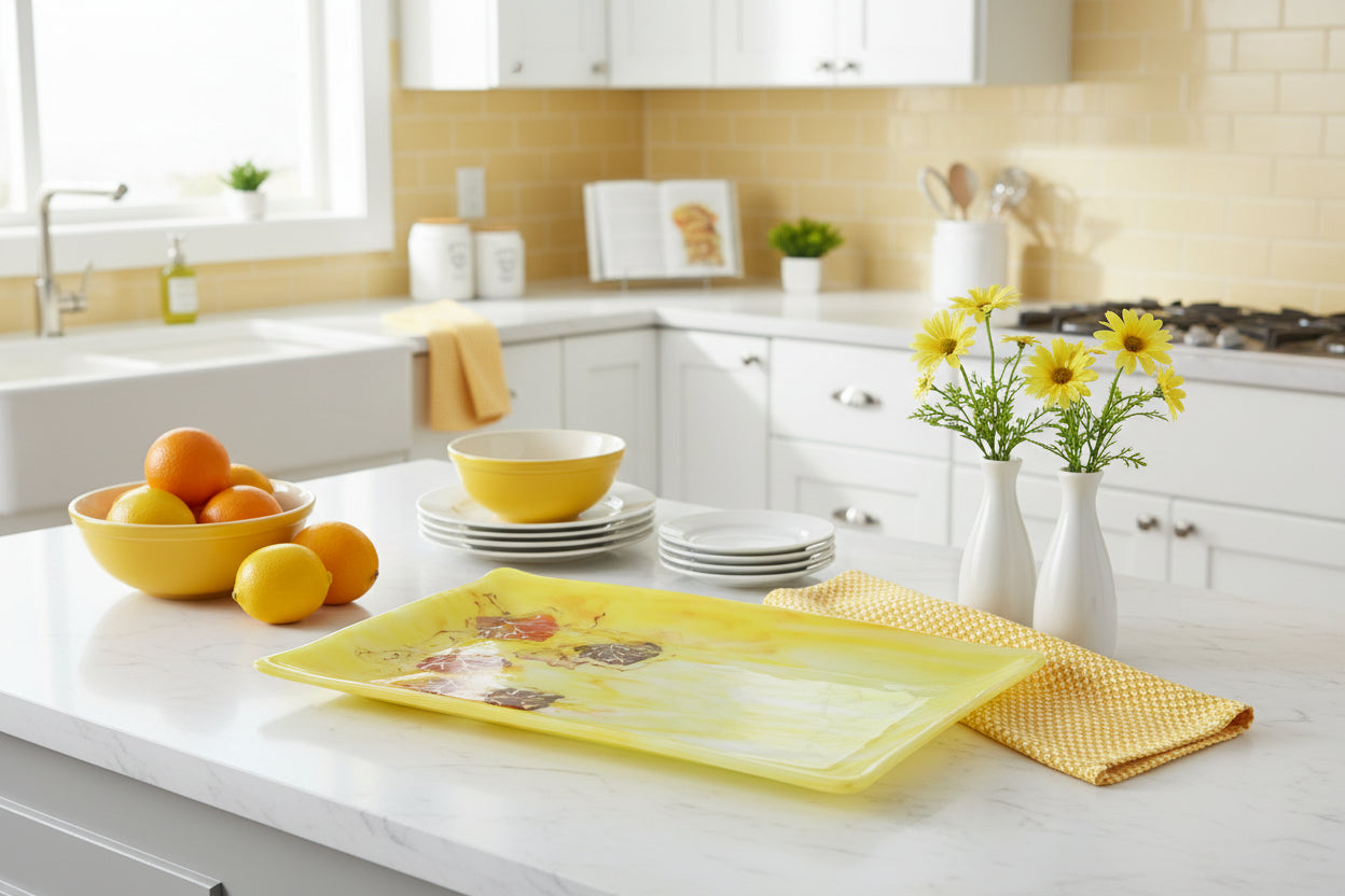 Wispy Yellow Platter with Leaves