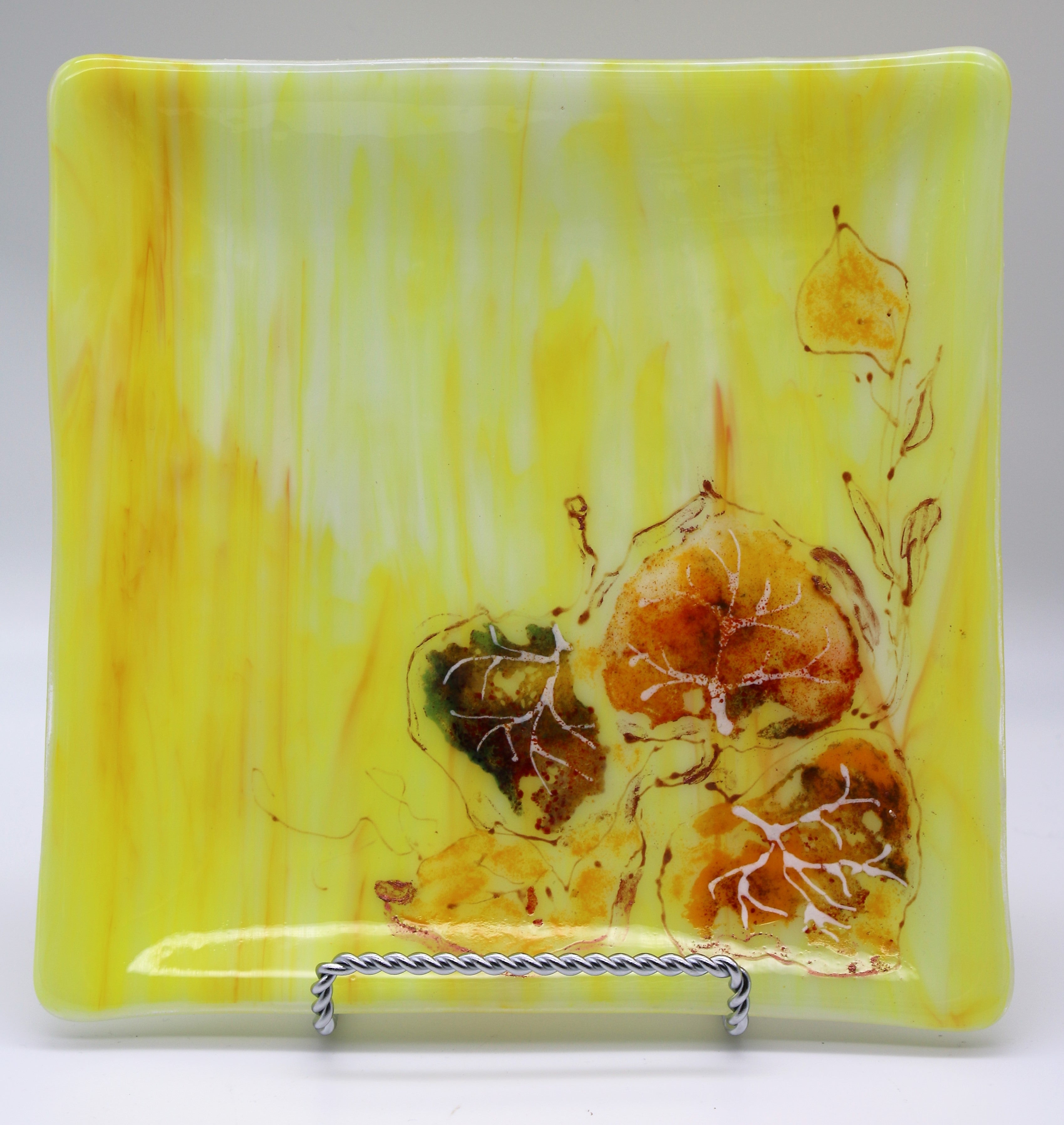 Wispy Yellow and White Dish with Painted Leaves