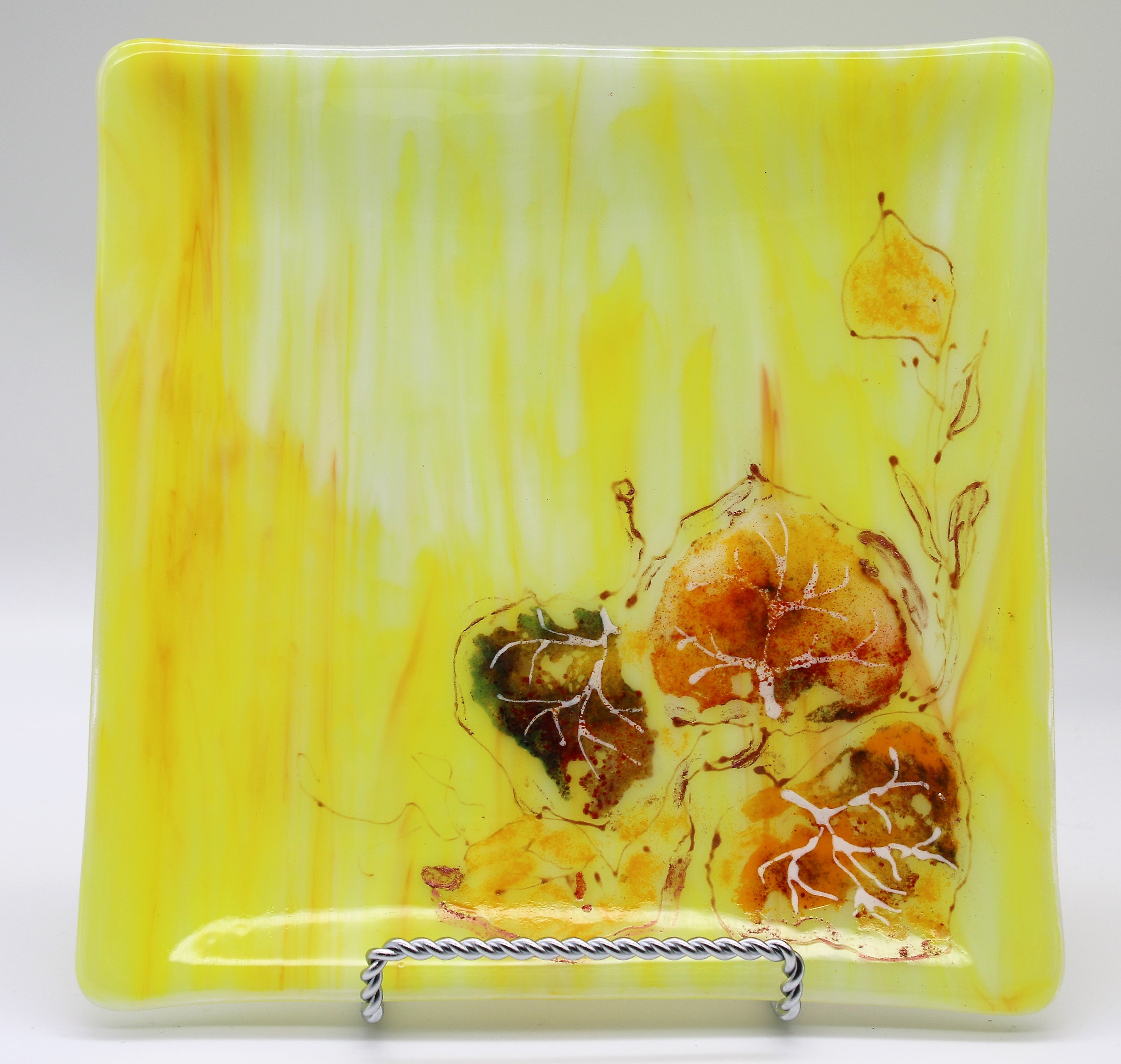 Wispy Yellow and White Dish with Painted Leaves
