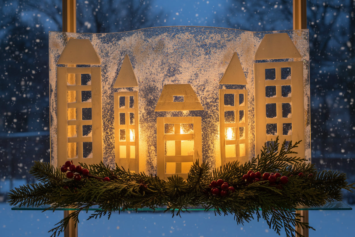 Snowy City in Winter on Wave Glass form