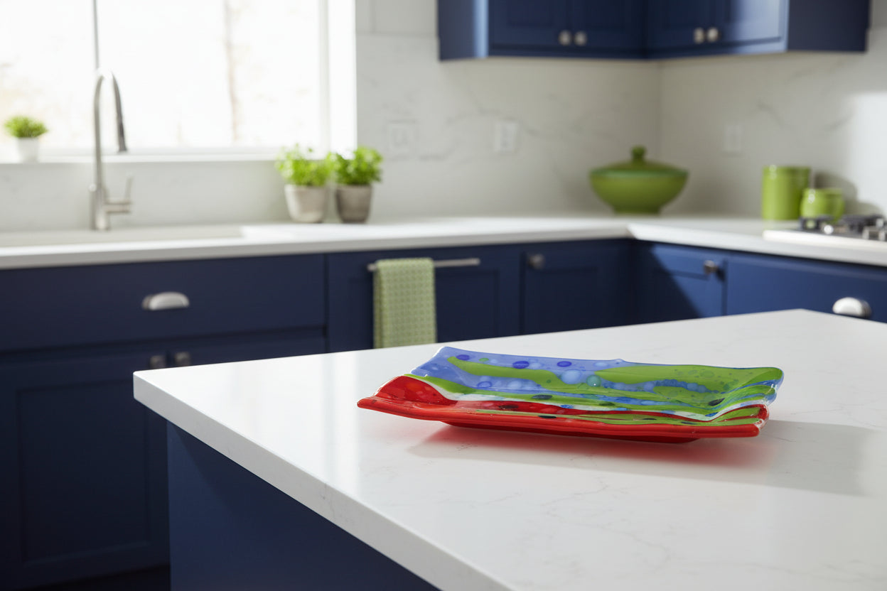 Oblong Small Abstract serving or decorative Plate - Colors are Blue, Green, Red and white
